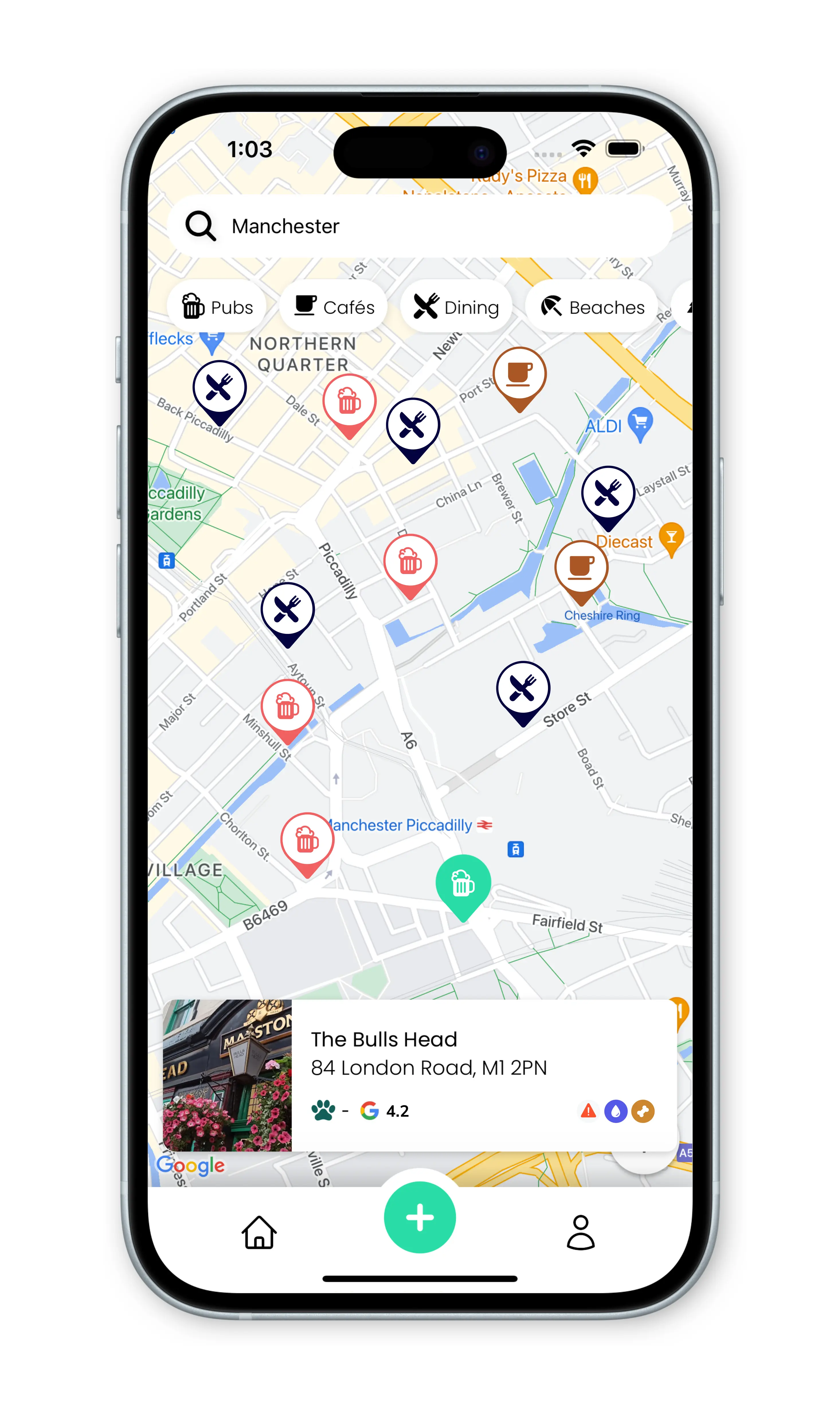 PawPal app showing map view of dog friendly locations